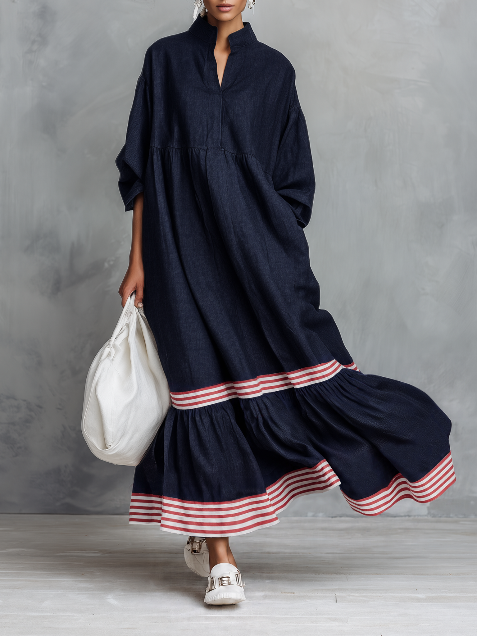 Women's Minimalist Linen-Blend Long-Sleeve Maxi Dress With Striped Hem Panel MDZ0967G8WY