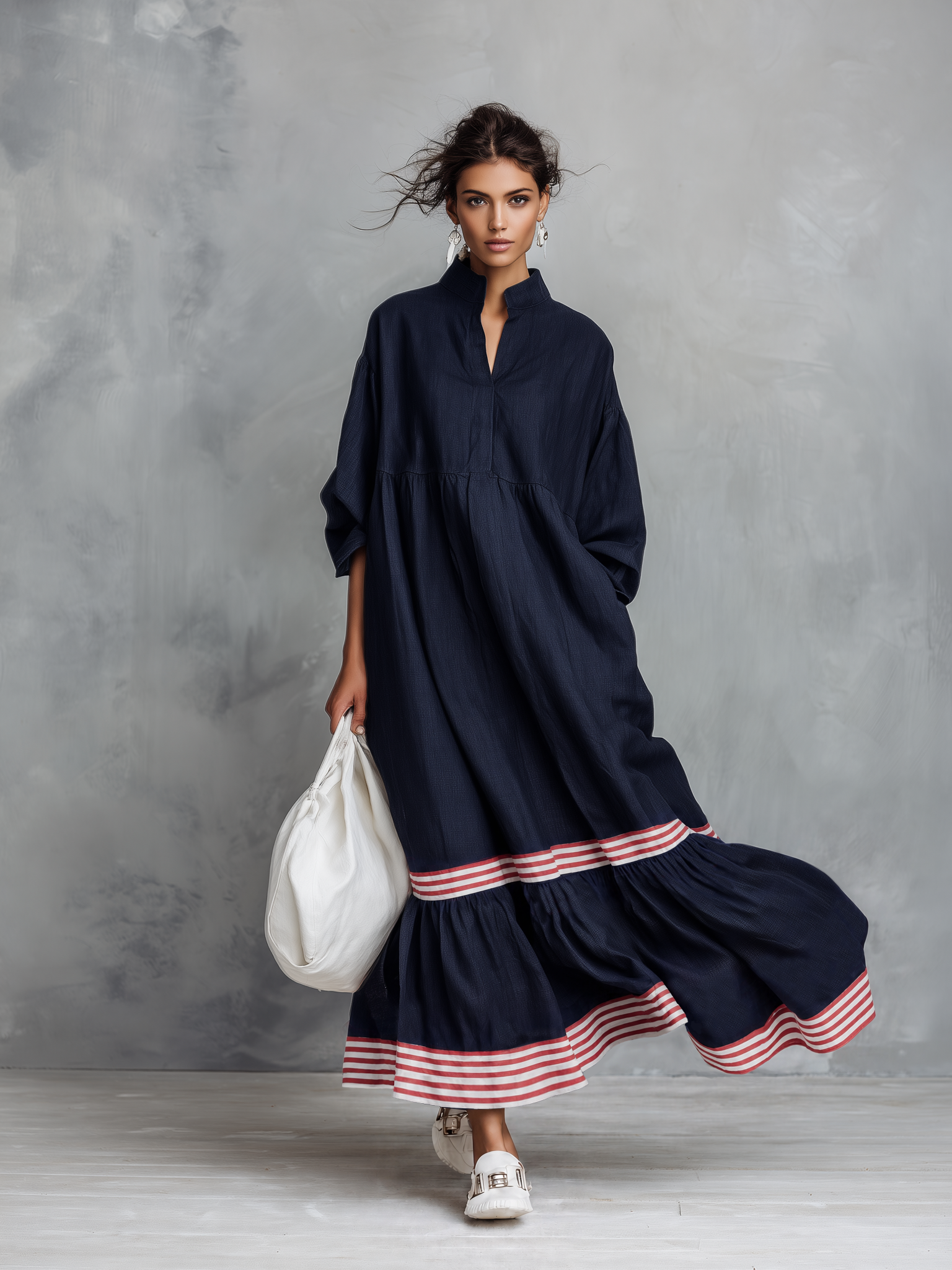 Women's Minimalist Linen-Blend Long-Sleeve Maxi Dress With Striped Hem Panel MDZ0967G8WY