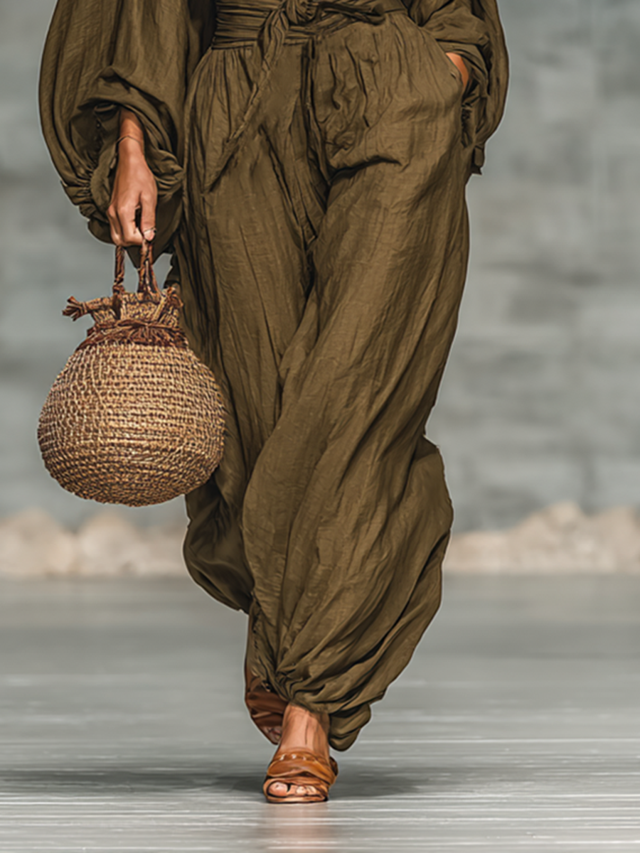 Women's Cotton And Linen Blend Boat Collar Lantern Long Sleeve Shirt Loose Trousers Two-piece Set MDA2297G9Y