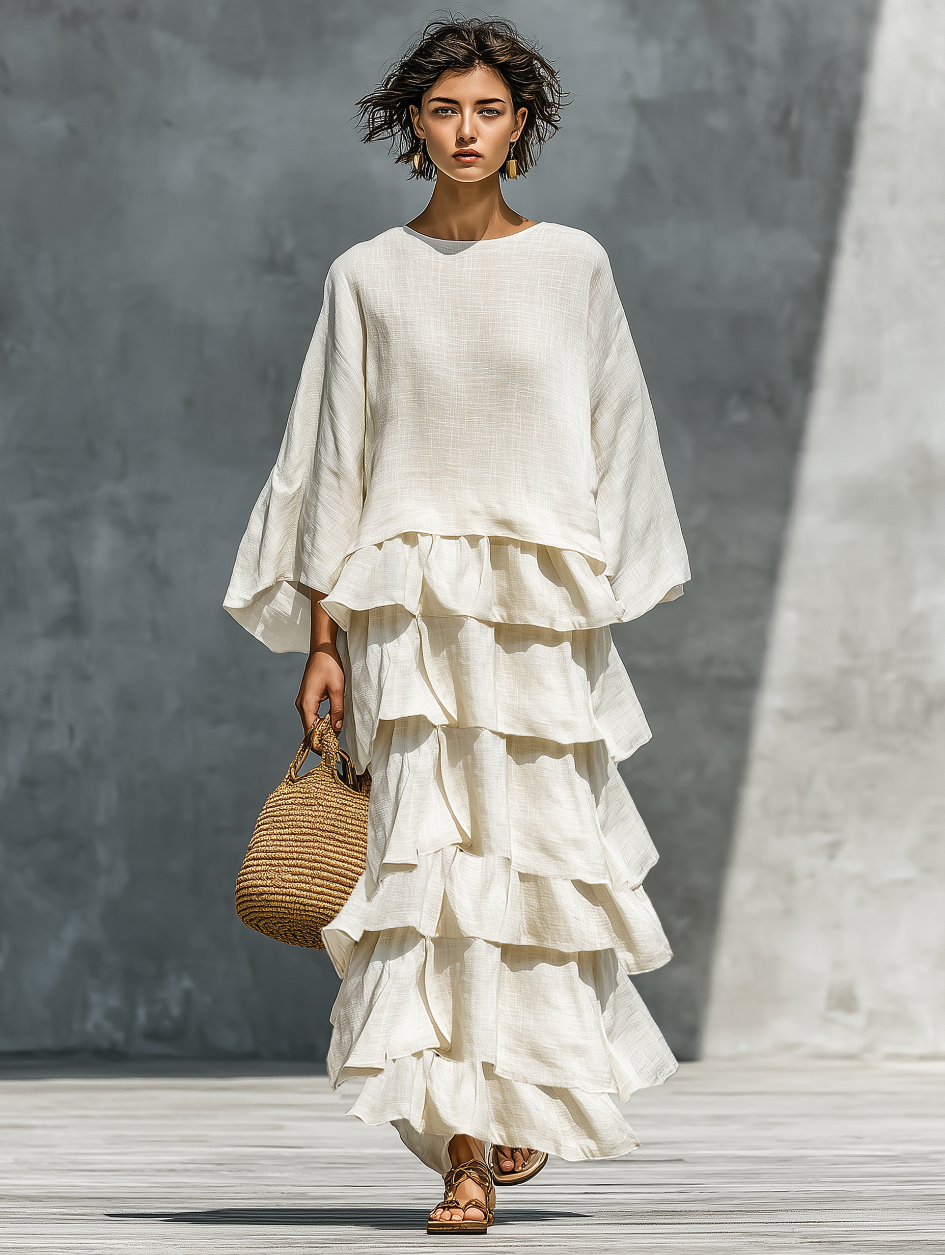 Women's Linen Blend Multi-layered Ruffle Straight-cut Maxi Dress MDA1673L8Y