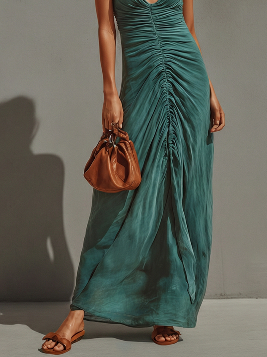 Women's Teal Woven Dress With Halter Neck & Ruched Bodice, Timeless Sexy-Elegant Style Dress MDZ2714B6I