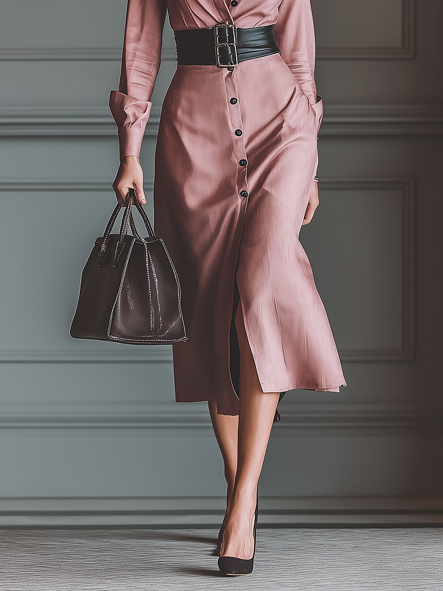 Women's Pink Satin Shirt Elegant Midi Dress MDA1442H4T