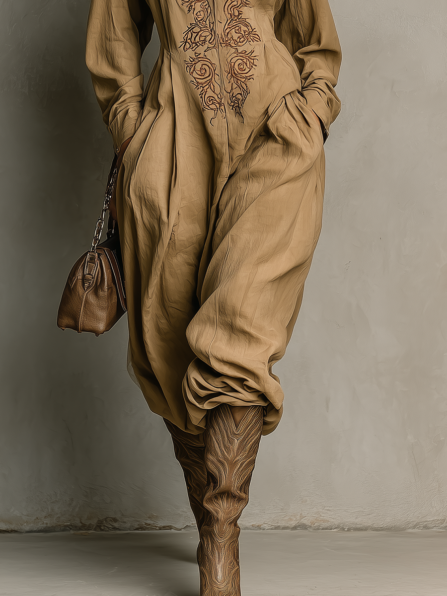 Women's Cotton Blend Khaki Loose Embroidered Jumpsuit MDA0433H2T