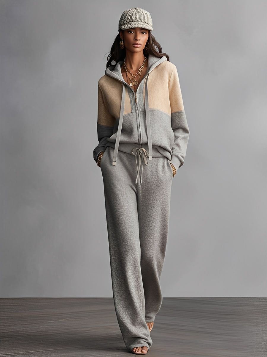 Women's Gray-Beige Cotton Blend Hooded Zipper Top And Wide-Leg Pants Urban Set MDA2981J0I