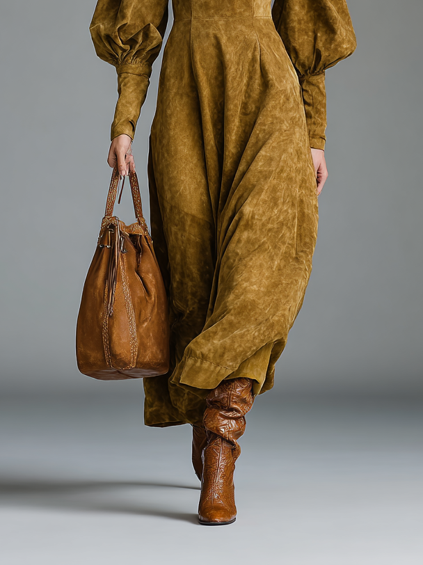 Women's Solid Color Environmentally Friendly Imitation Suede Pull Square Collar Long Sleeve Maxi Dress MDA0148H2Y
