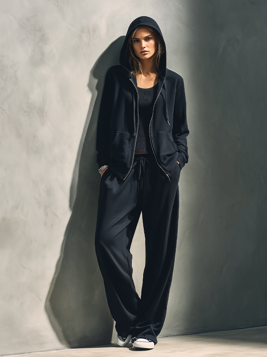 Women's Black Cotton-Blend Oversized Loungewear Set With Hoodie & Drawstring Pants, Effortless Athleisure Set MDA2498J3I