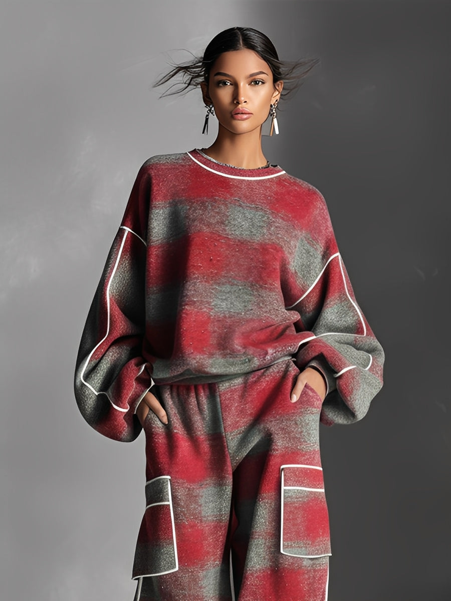 Women's Red And Gray Plaid Brushed Distressed Street Style Color-Blocked Piping Pantsuit Set MDA1065K4I