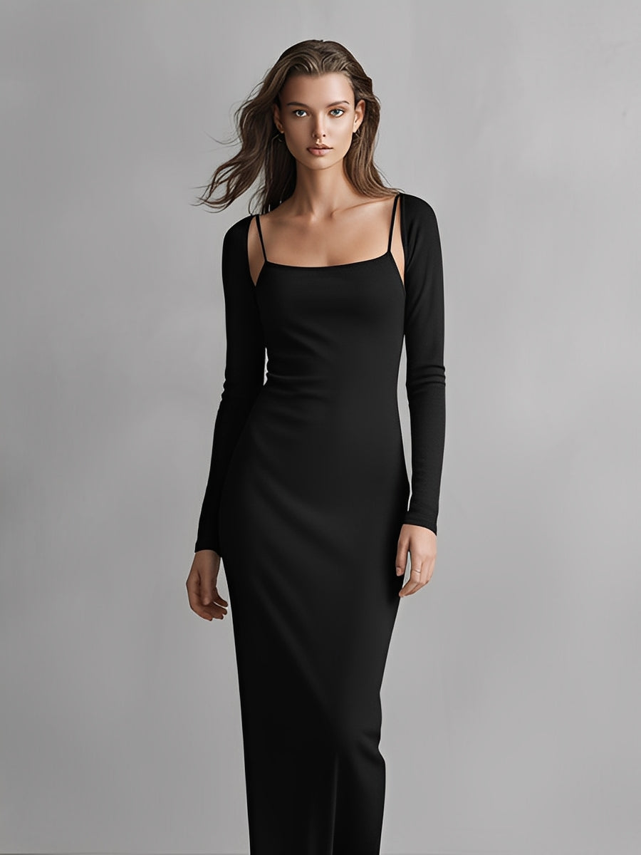 Women’s Jet Black Fitted Dress With Square Neck & Midi Length, Modern Minimalist-Elegant Style Dress MDZ1475A6I