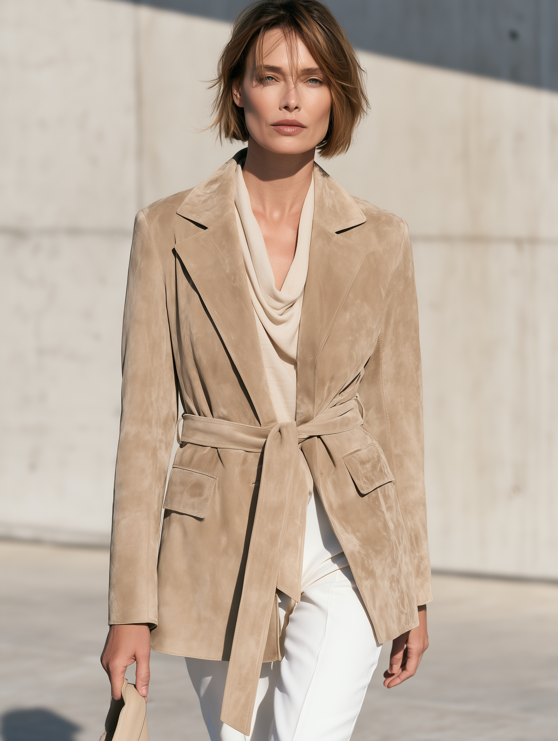 Women's Notched Lapel Belted Beige Blazer MDZ2710H7YZJ