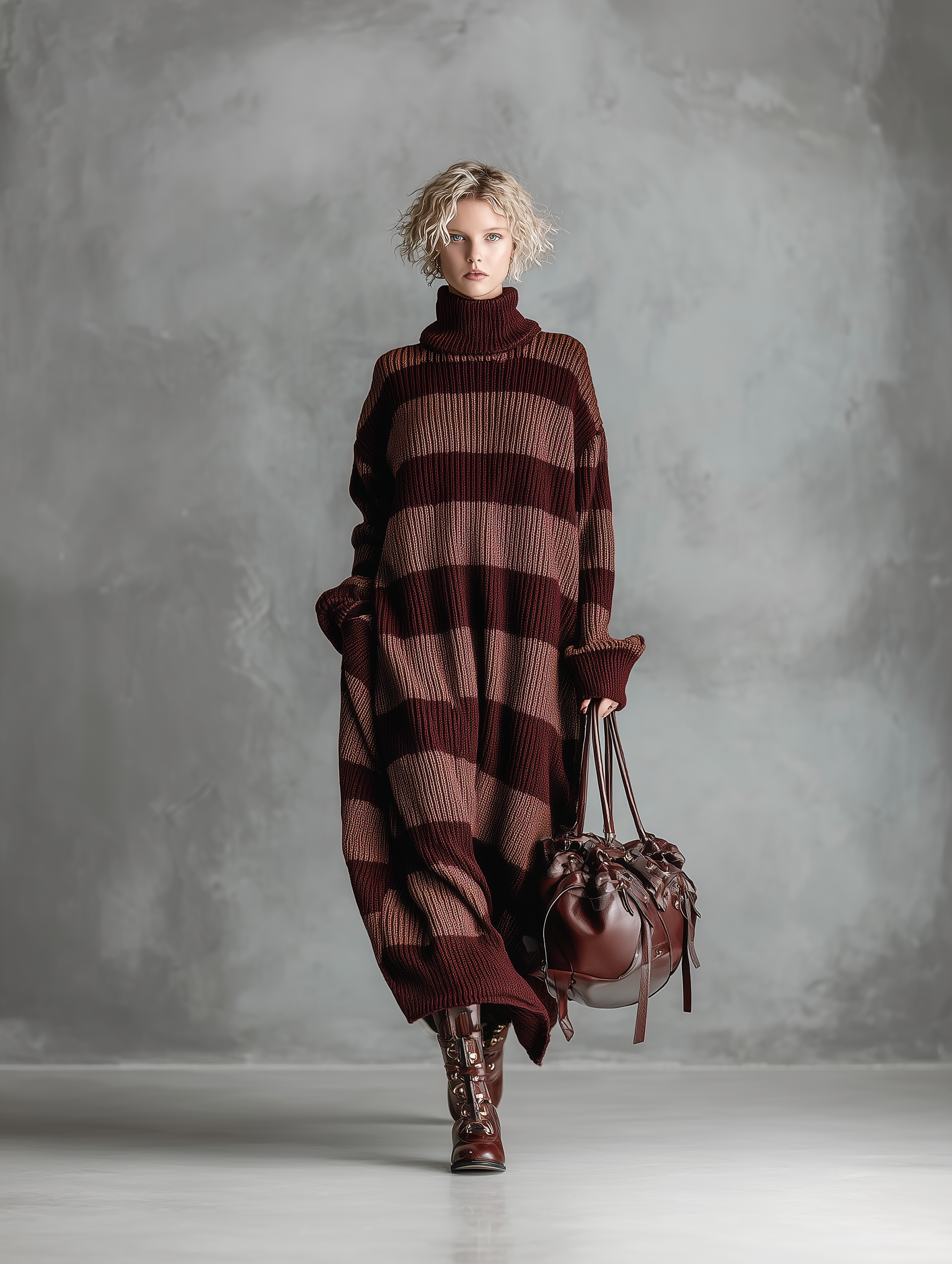 Women's Elegant And Stylish Deep Red And Pink Striped Lapel Long-sleeved Knit Dress MDA2757K3AN