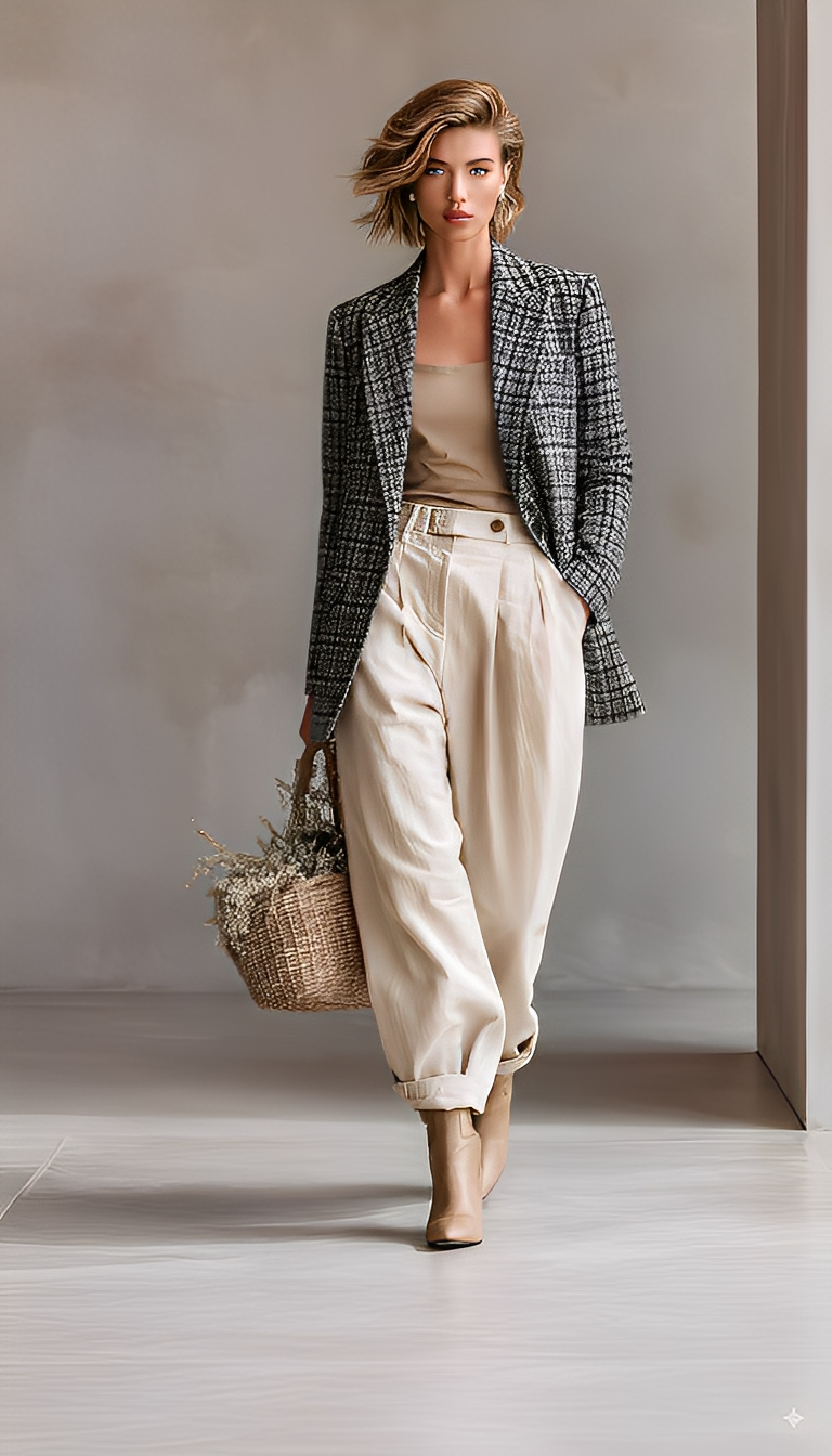 Women's Black And White Plaid Casual Suit Jacket MDA1632I3T