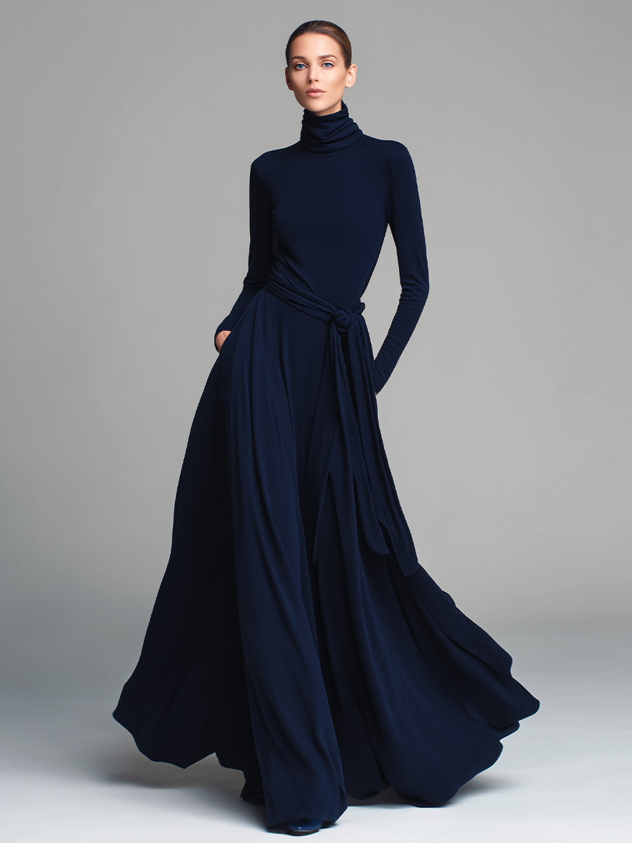 Women's Navy Blue Tie-Waist Stretchy Cotton-Blend Timeless Elegant-Glam Maxi Dress MDA1762L5I
