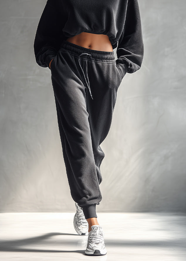 Women's Black Casual Fleece Cropped Sweatshirt & Joggers Set MDA1300H4I