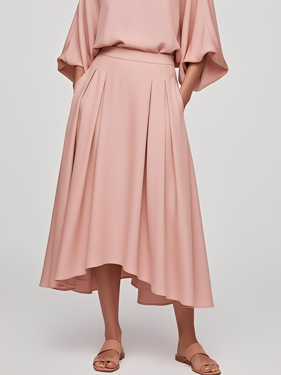 Women's Pink Cotton Matching Set With Deep V-Neck & Asymmetric Hem, Modern Elegant Style Set MDA1043L4I