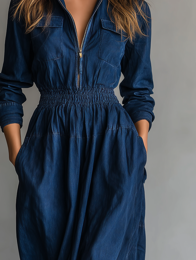 Women's Fashionable, Elegant, And Casual Washed Blue Denim Long Dress With Zip-up Neckline, Long Sleeves, Fitted Waist, And Chest Pockets MDA1888K0AN
