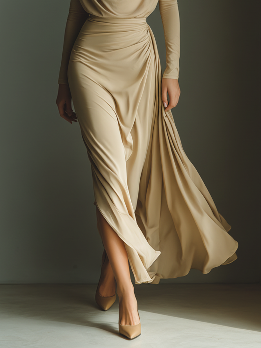 Women's Beige Stretch Knit Fabric Cowl-Neck Fitted Ruched Slit Midi Dress MDA1639L7T