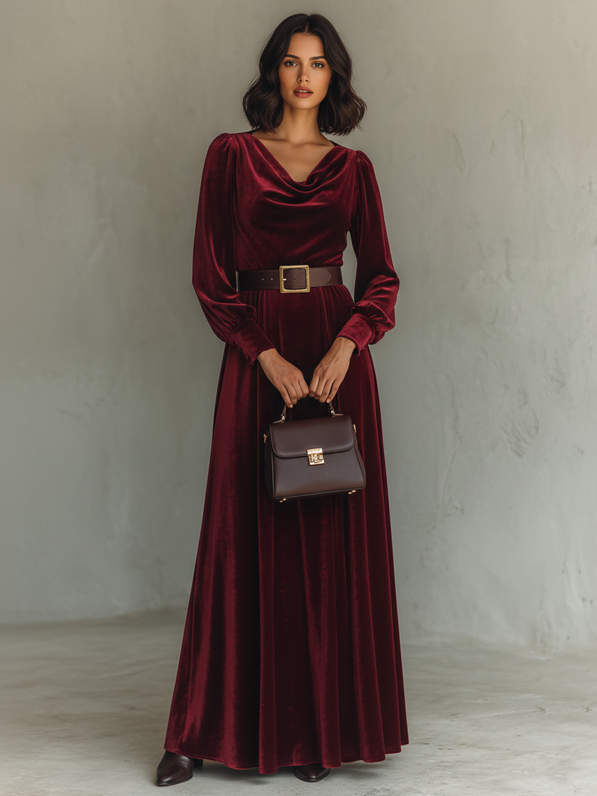 Women's Velvet Cowll Neck Belt Maxi Dress MDA0889K1Y