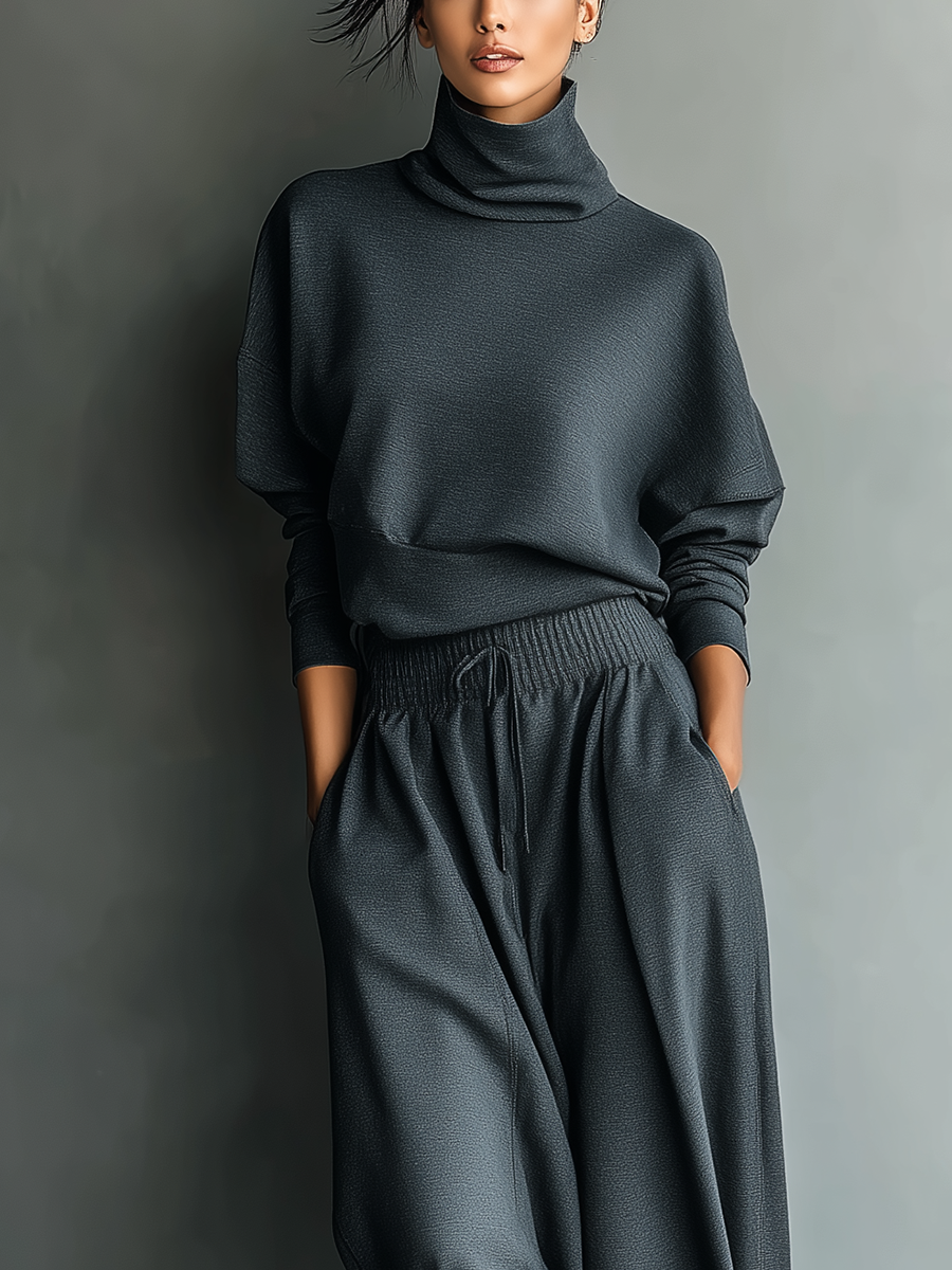 Women's Charcoal Knit Fabric Turtleneck Oversized Top & Wide-Leg Pants Set MDA2435L7T