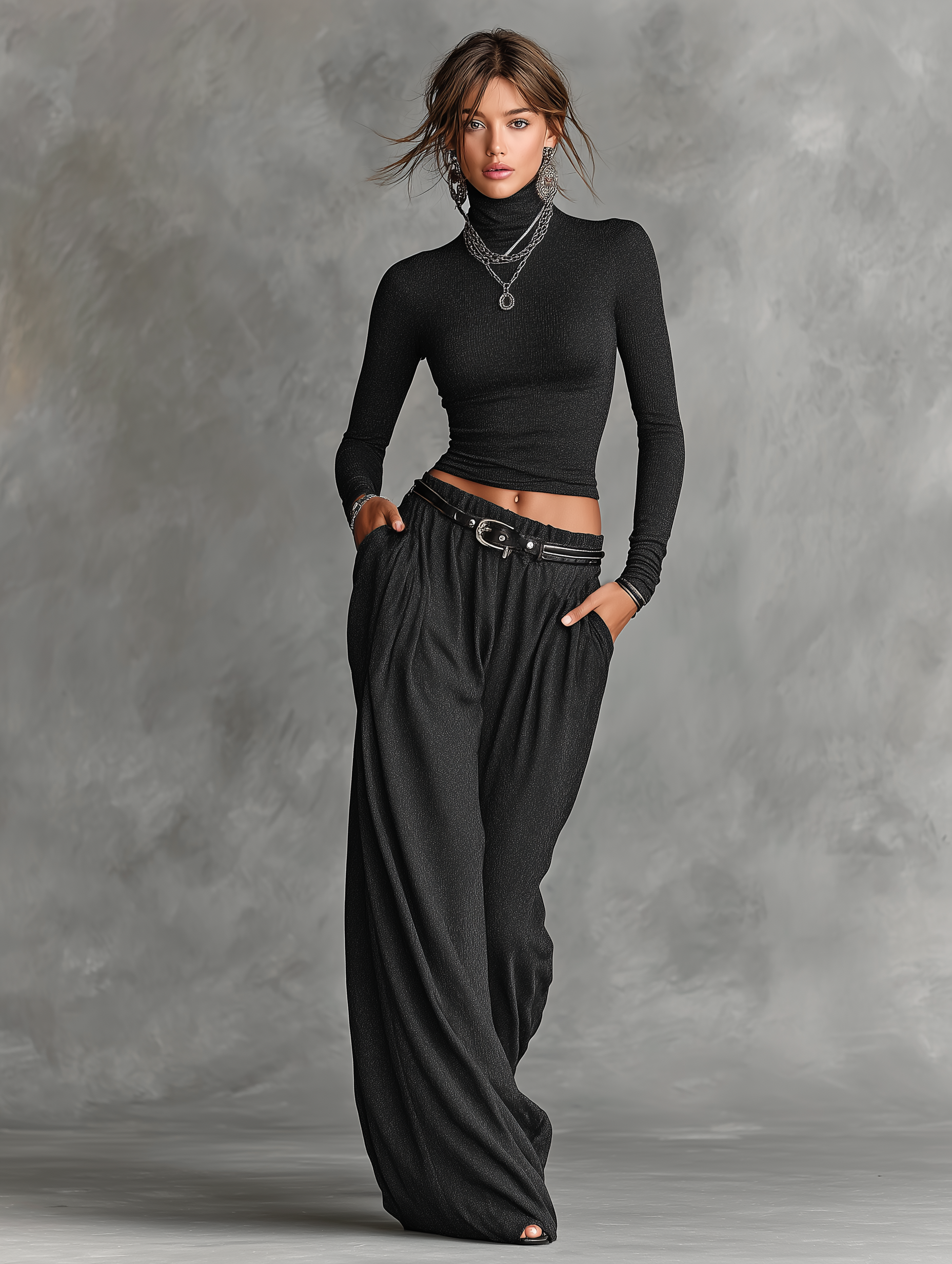 Women's Stretch Fabric Slim-fit Long-sleeved T-shirt And Wide-leg Pants Set (belt Not Included) MDA0734K7Y