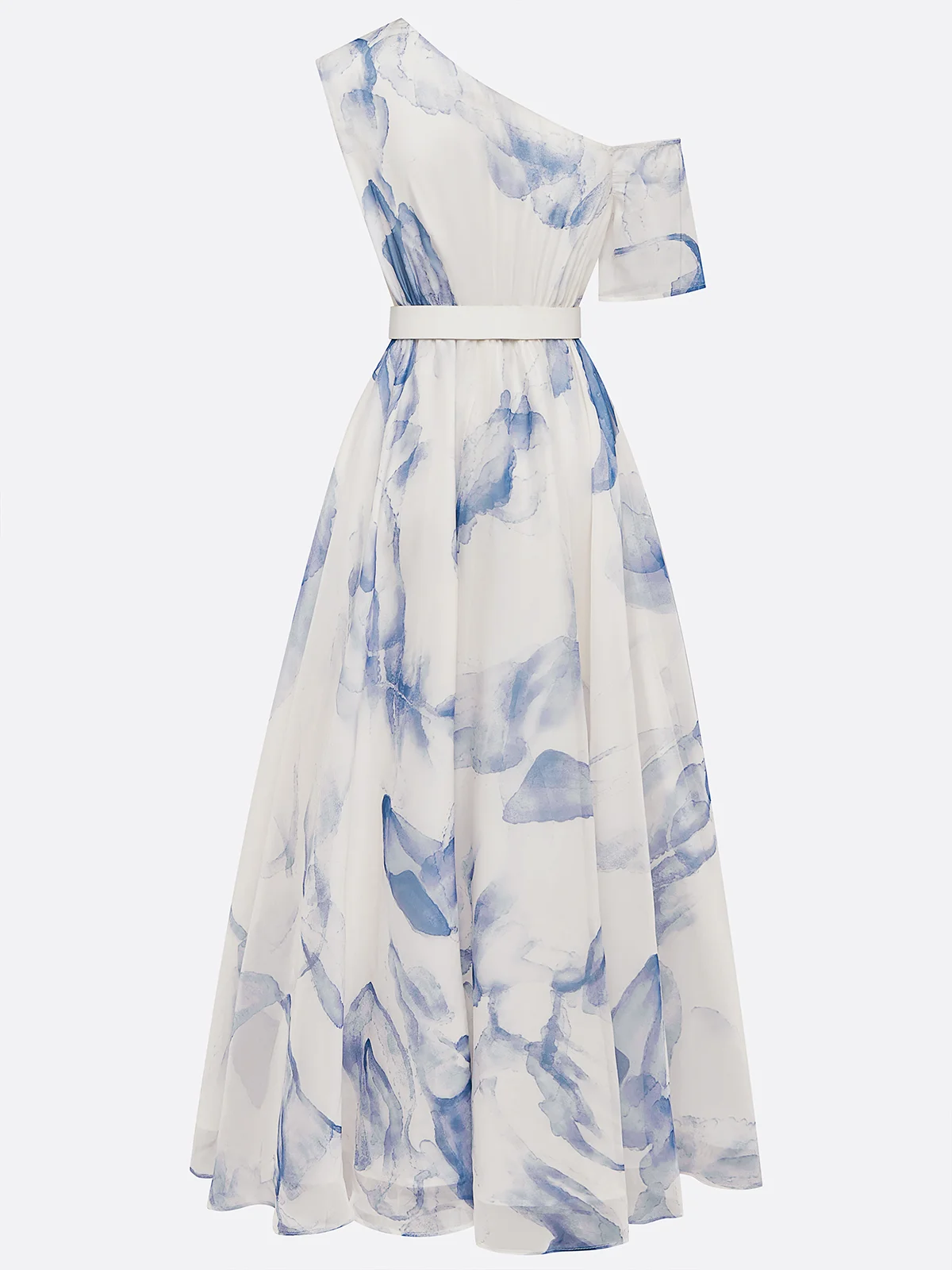 Women's Fashion Asymmetric Off-shoulder Chiffon Print Maxi Dress（Belt Included）MDA1189F1Y