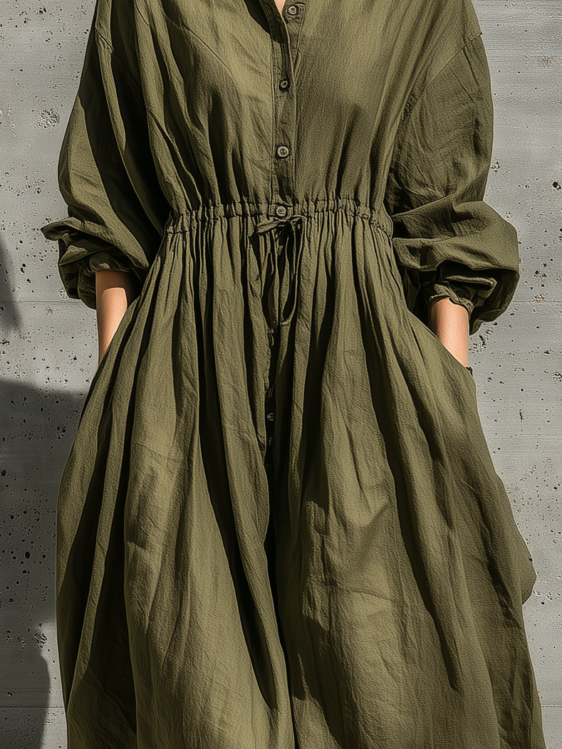 Women's Fashionable, Casual, And Versatile Military Green Long-sleeved Button-down Waist Pleated Maxi Dress MDA2588K4AN