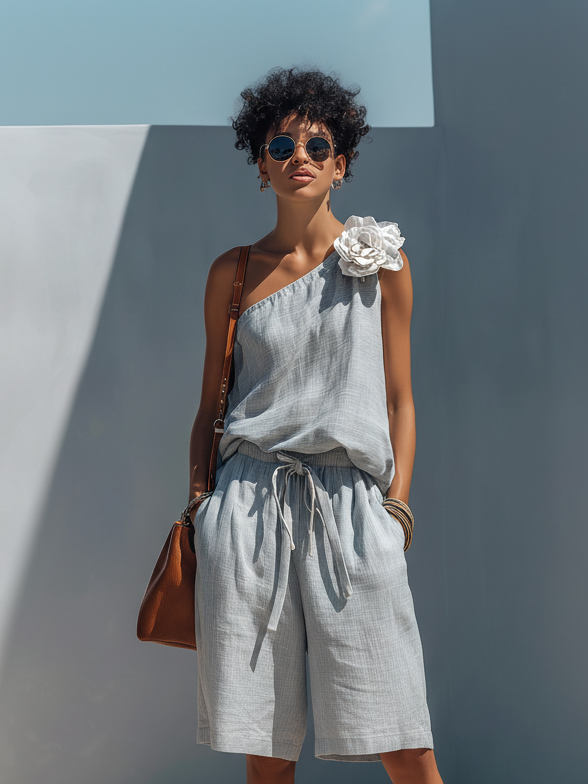 Women's Casual Light Blue Cotton Linen Off-shoulder Sleeveless Top Paired With Shorts (removable White Floral Embellishment) MDZ2715B1AN