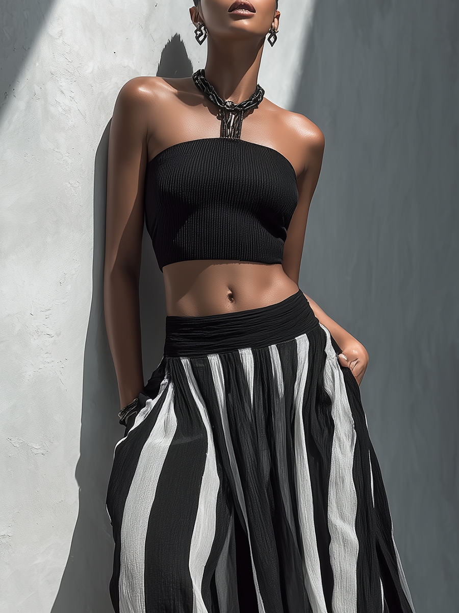 Women's Black Knitted Strapless Crop Top & Black-White Striped Maxi Skirt Set MDZ0204C4T