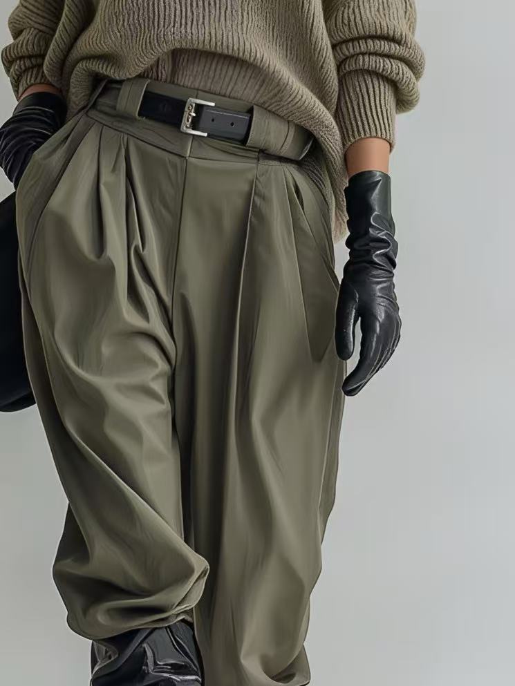 Women's Fashionable Casual Army Green Loose-fitting Turtleneck Sweater Set MDA0586K6AN