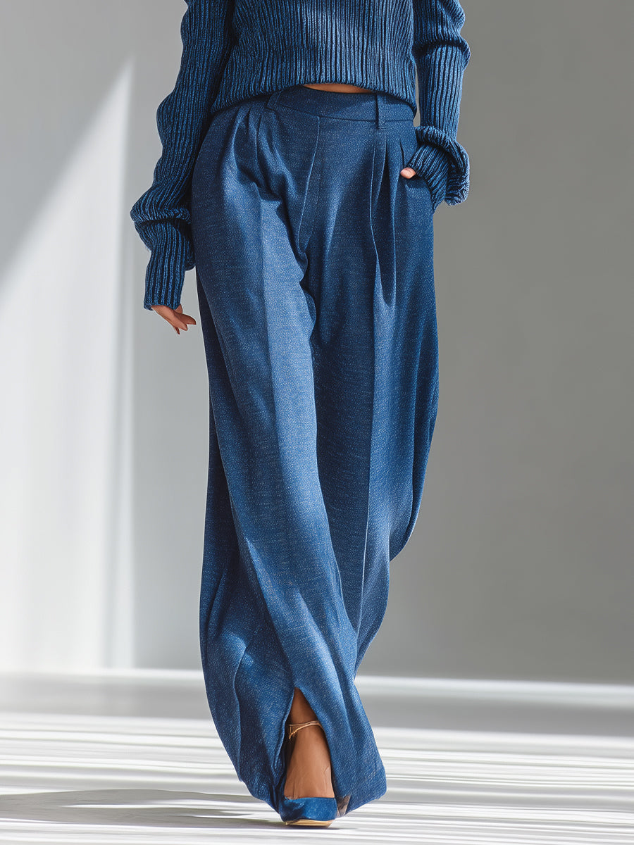 Women's Blue Elegant Ribbed Knit Cold - Shoulder Sweater And Wide - Leg Pants Set MDA1591I8I