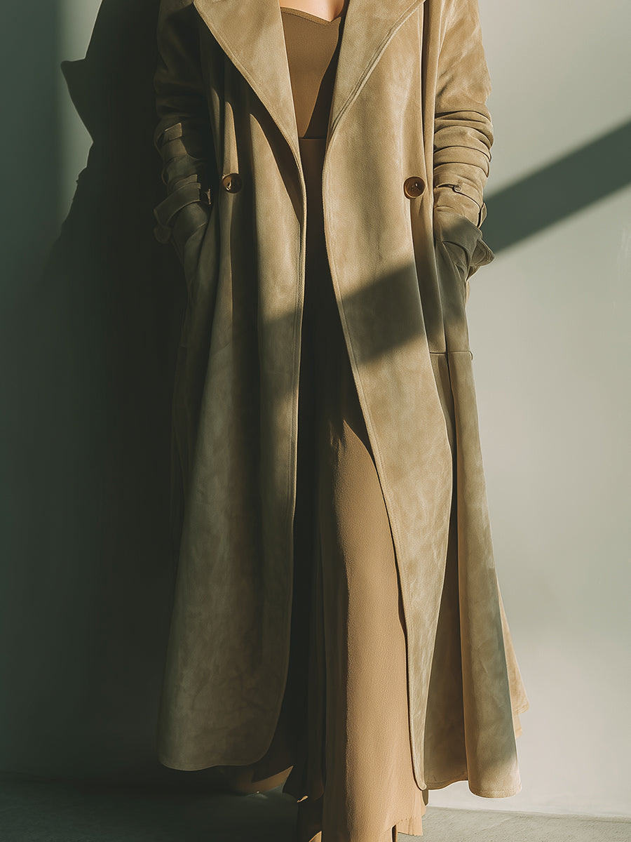 Women's Beige Elegant Suede Double - Breasted Trench Coat MDA2096J2I
