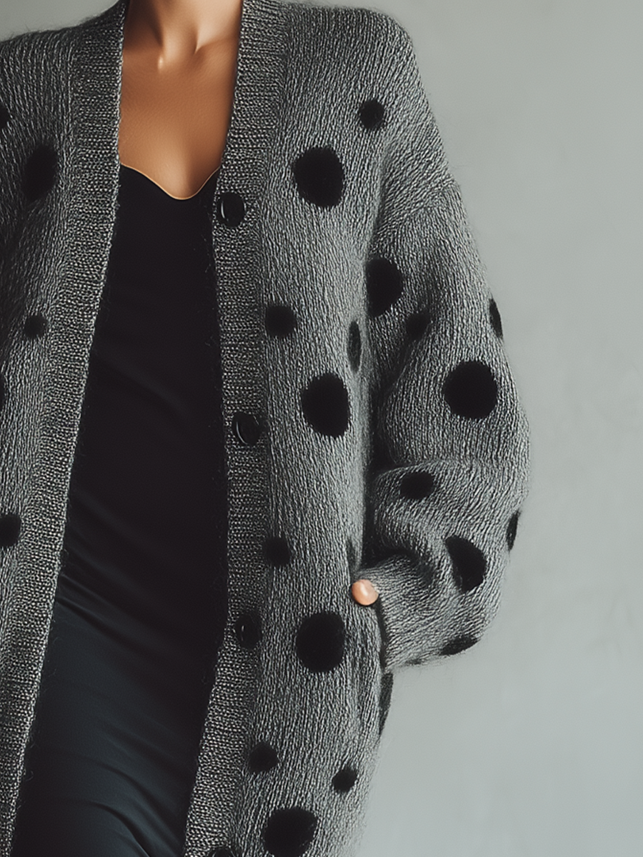 Women's Gray And Black Polka Dot Knitted Cardigan MDA1771I7T