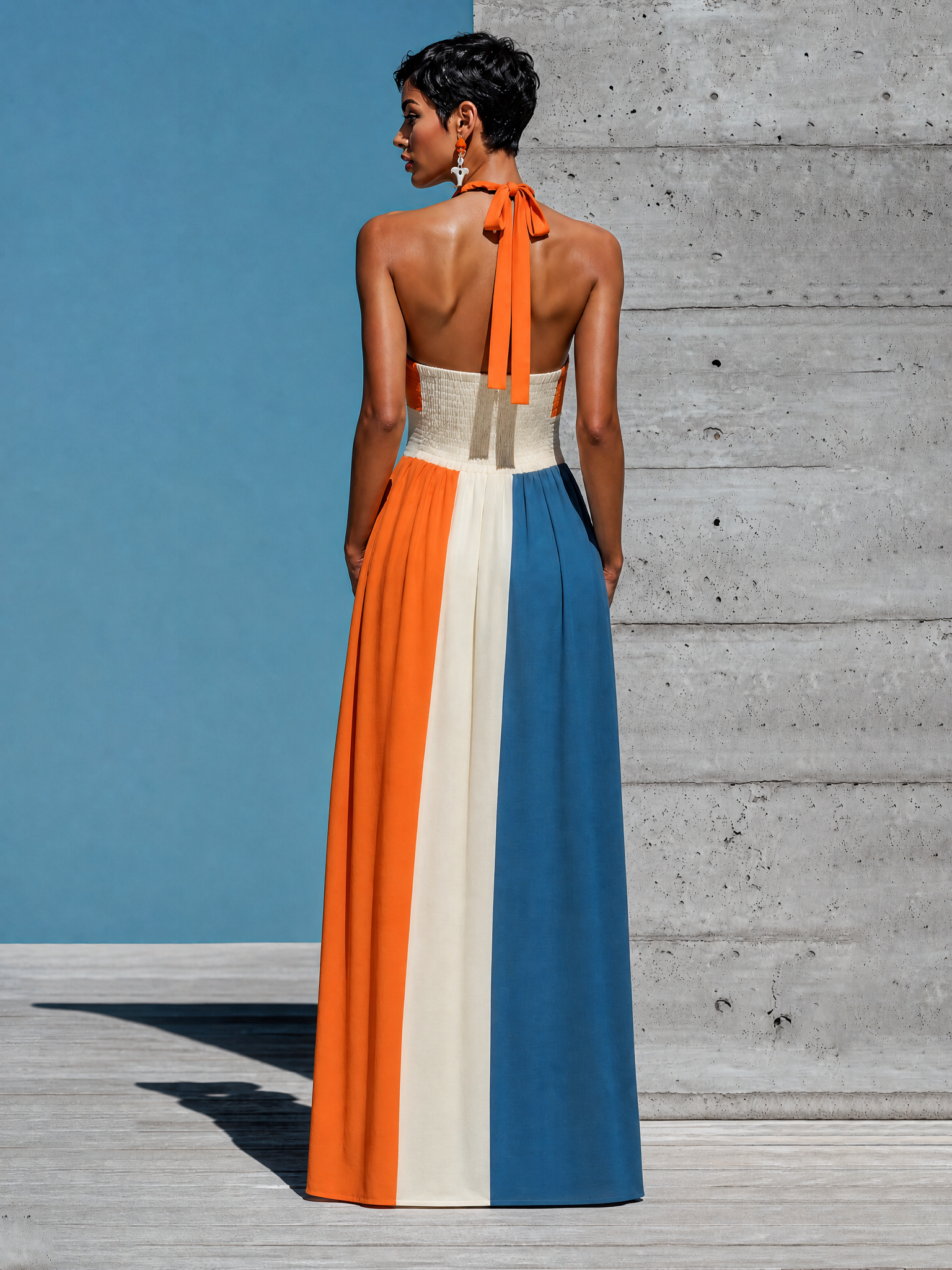 Women’s Orange White Blue Color Block Halter Keyhole Strapless Smocked Bodice Pleated Maxi Dress MDZ2980F6T