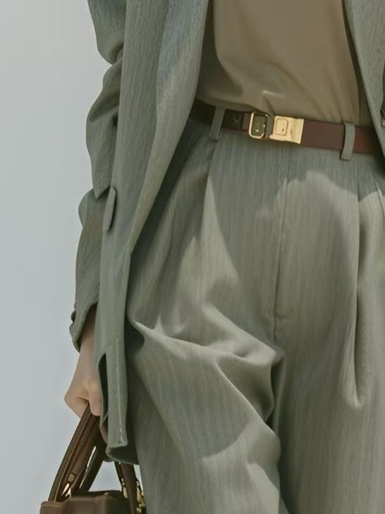 Women's Minimalist Business Style Gray-green Suit Set (belt Not Included) MDA0543K1AN