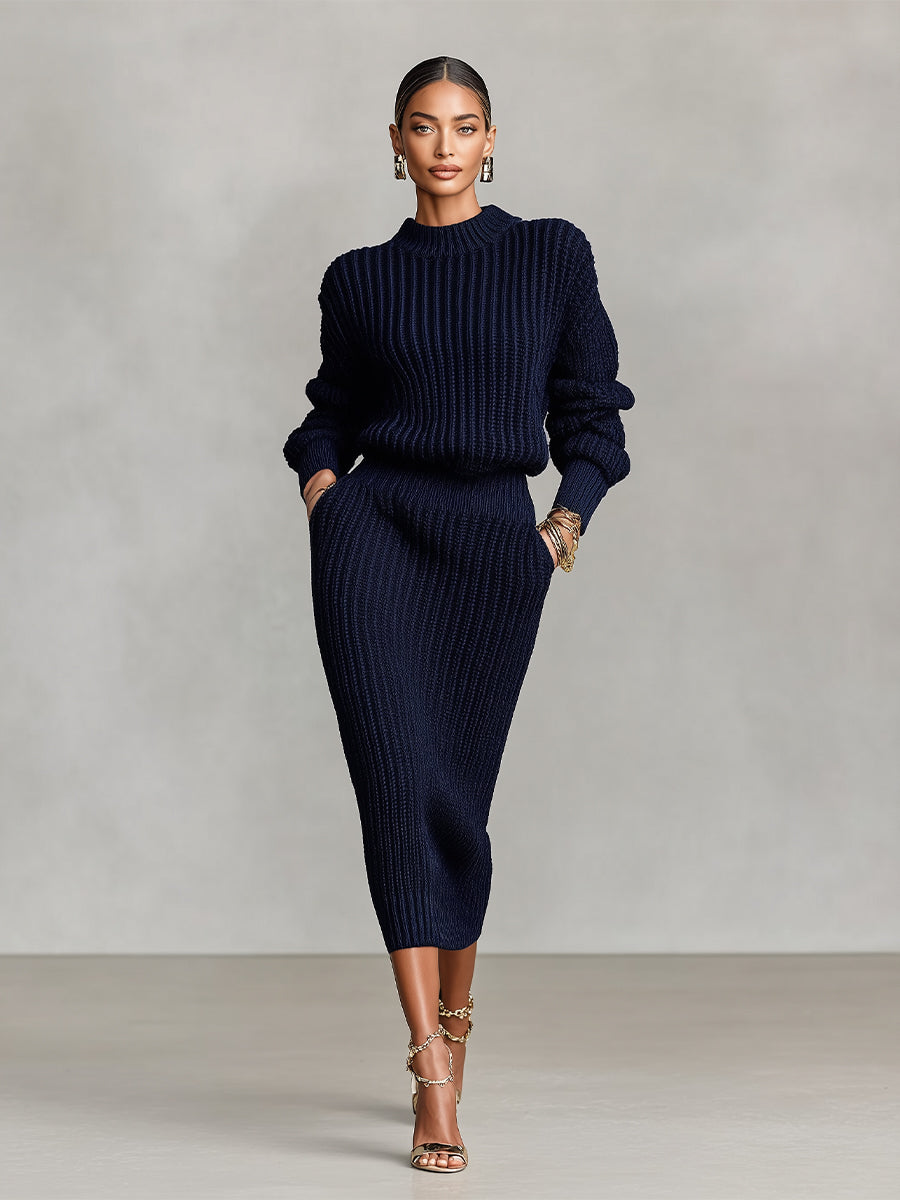 Women's Navy Elegant Ribbed Knit Half-Mock Neck Midi Sweater Skirt Set MDA2202I2I