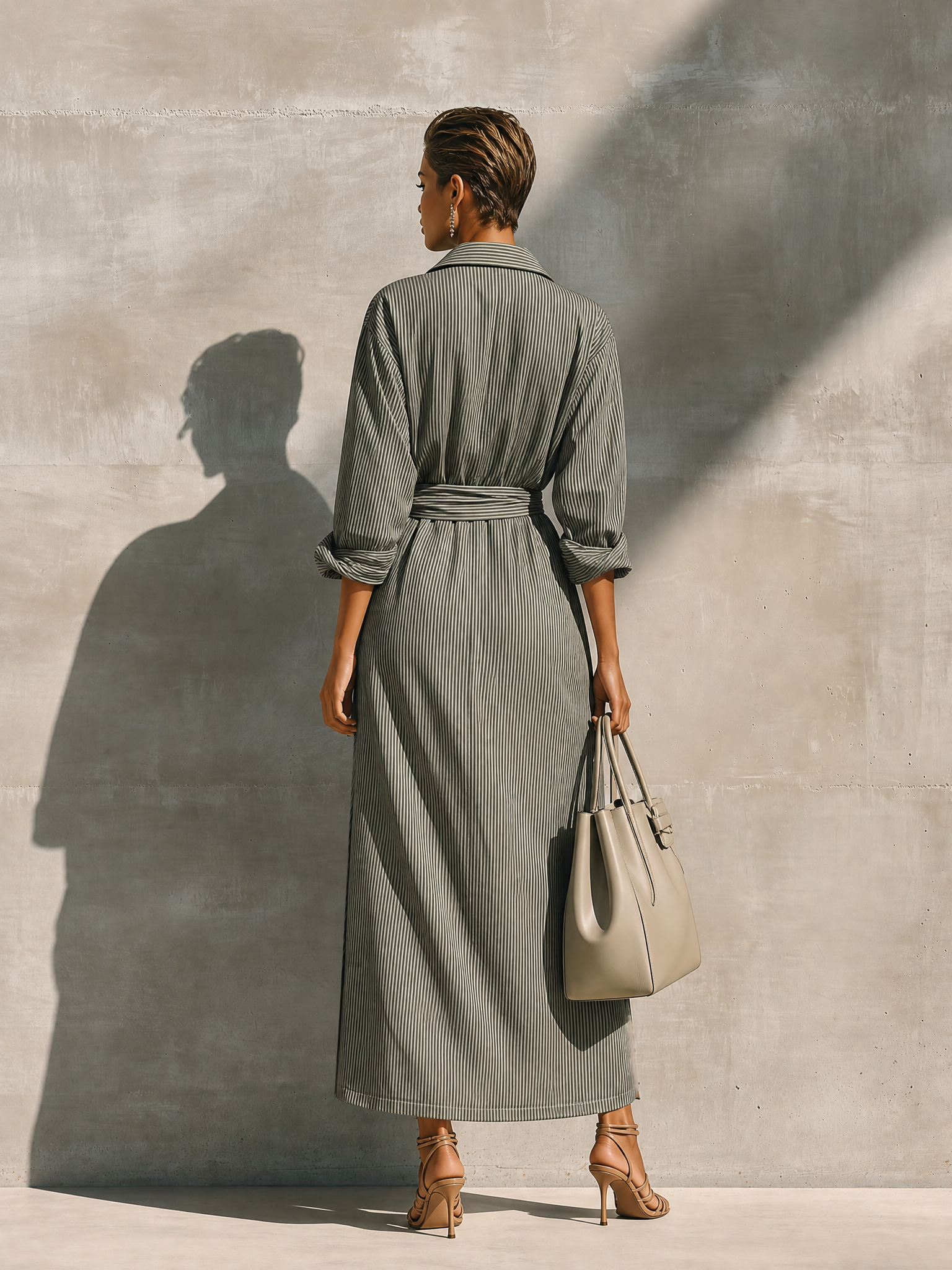 Women's Grey White Vertical Stripe Cotton Blend Collared Wrap Tie Waist Side Pocket Maxi Shirt Dress MDZ1451G8YZJ