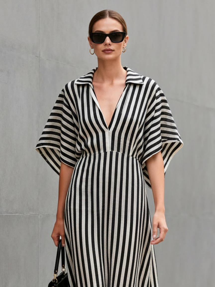 Women's Minimalist Loose-fitting Striped Linen Blend Short-sleeved Maxi Dress MDZ0566A4Y