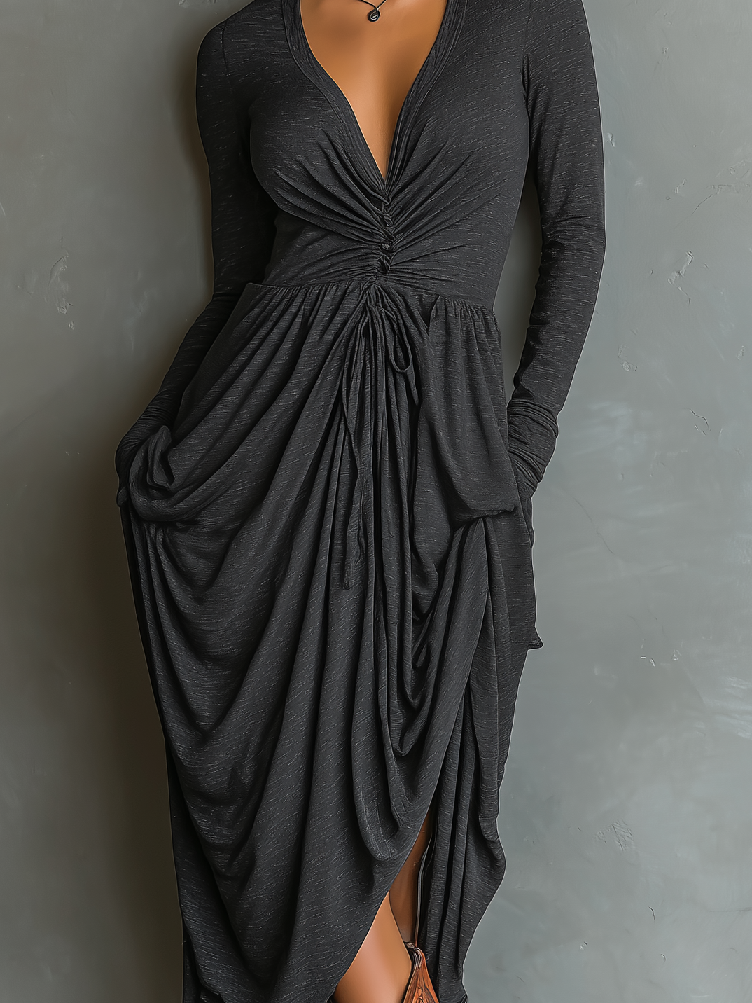 Women's Fashionable Gray Knit Stretch V-neck Long-sleeved Midi Dress MDA1780L3AN