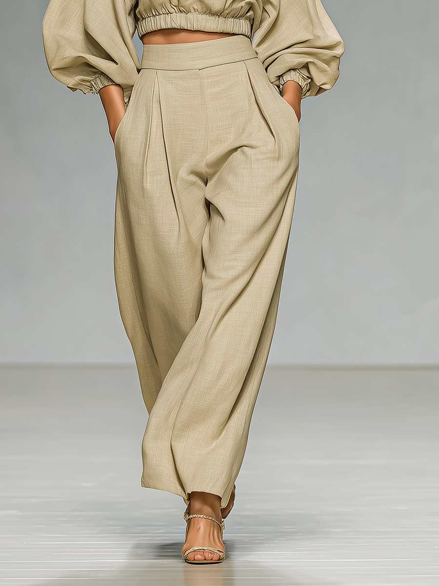 Women's Beige Crop Top And Wide-Leg Pants Set MDA2383G4T