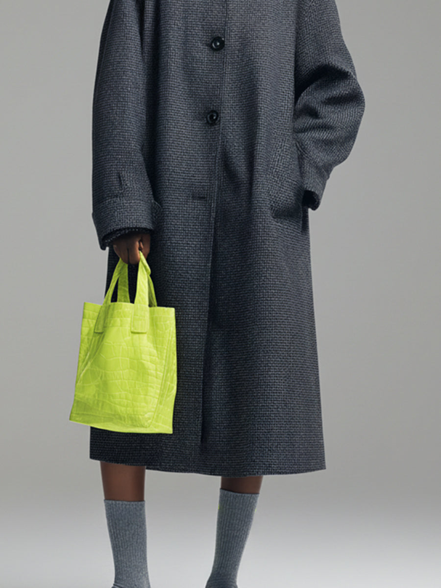 Women's Grey Houndstooth Wool Chic Lapel Loose-Fit Midi Coat MDA3150J5I