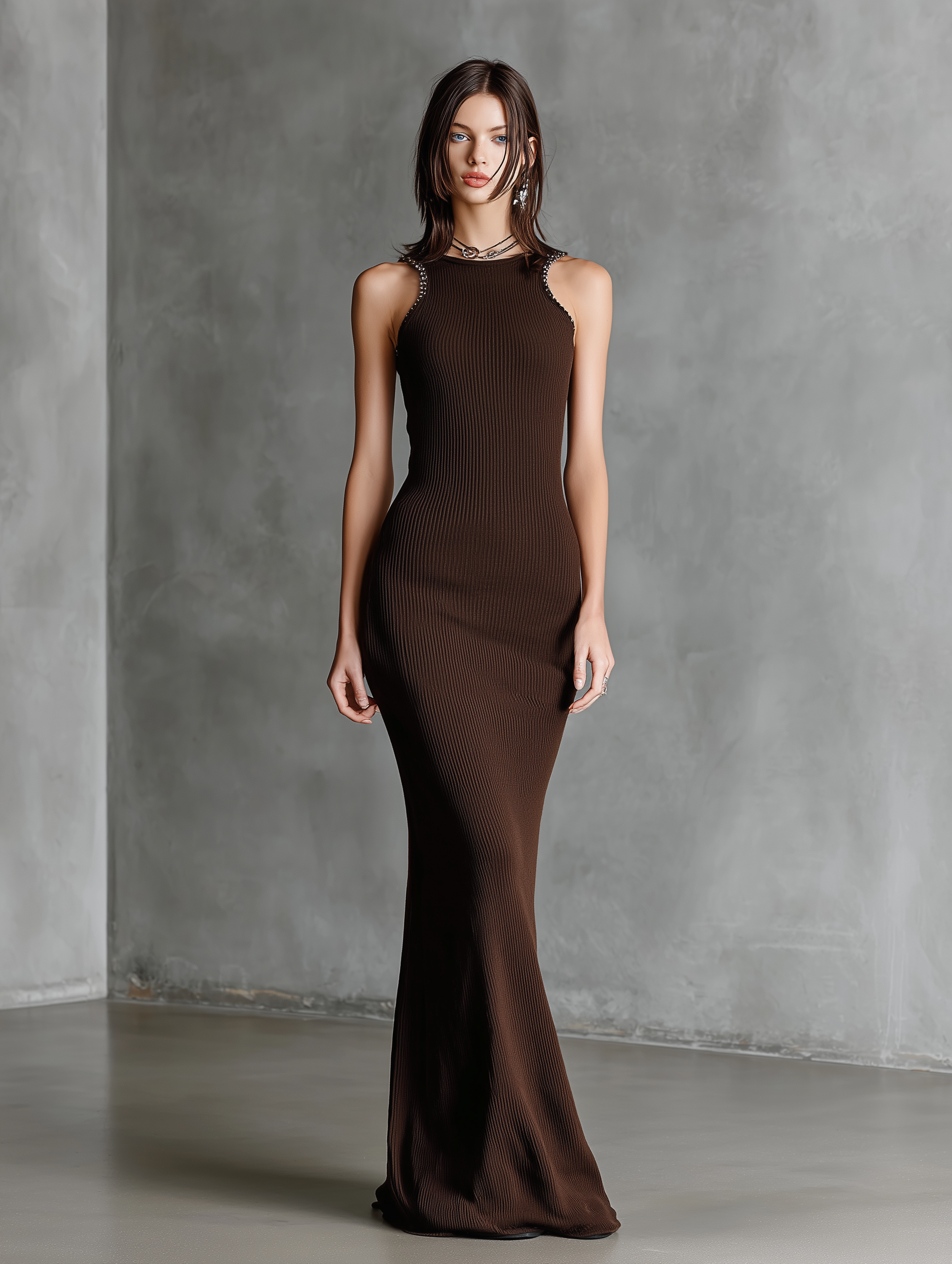 Women's Elegant Dark Brown Knitted Stretch Slim-fit Sleeveless Maxi Dress MDA2576L0AN