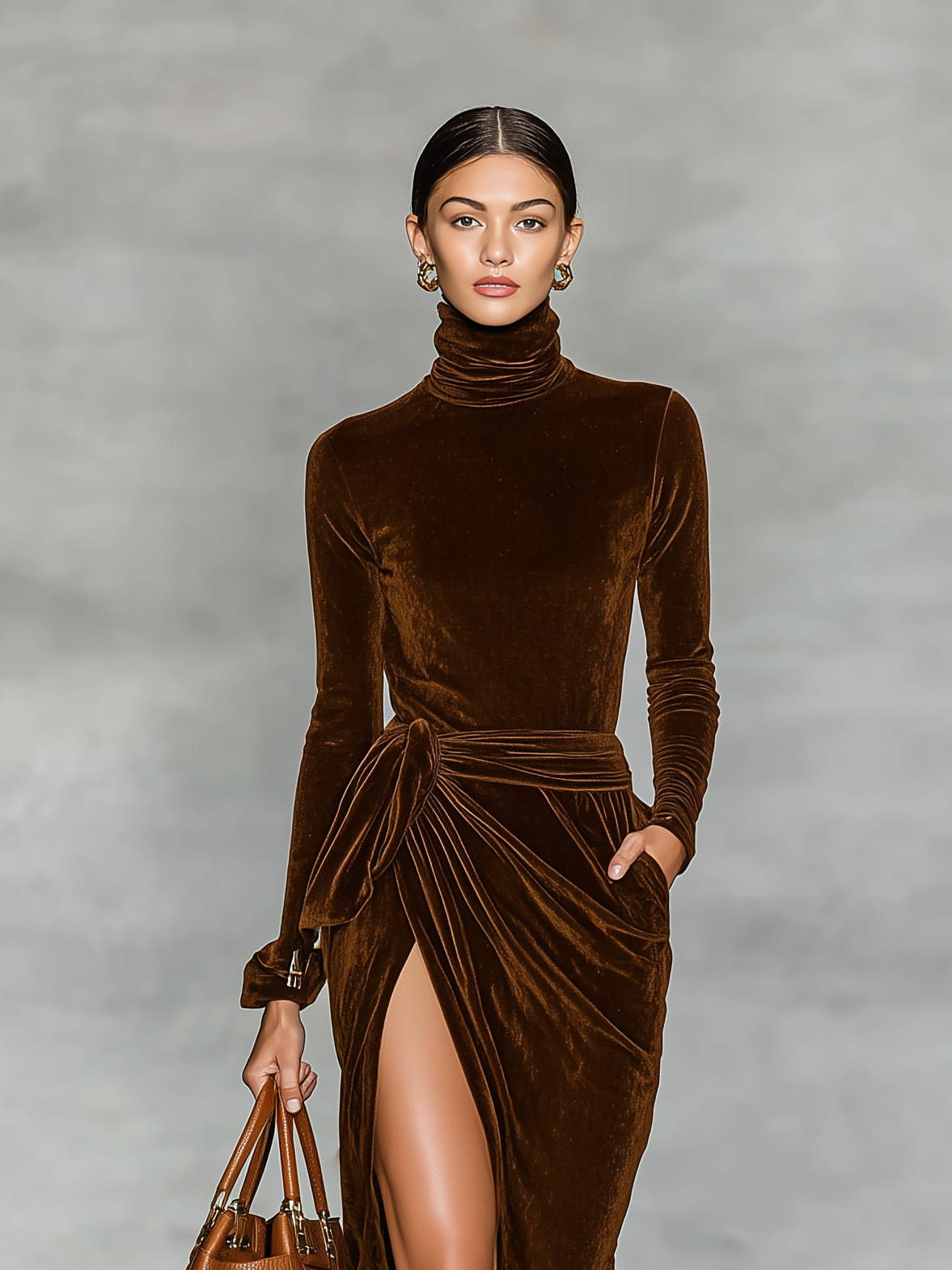 Women's Elegant Brown Velvet Turtleneck Long-sleeved Slit Midi Dress MDA0949L6AN