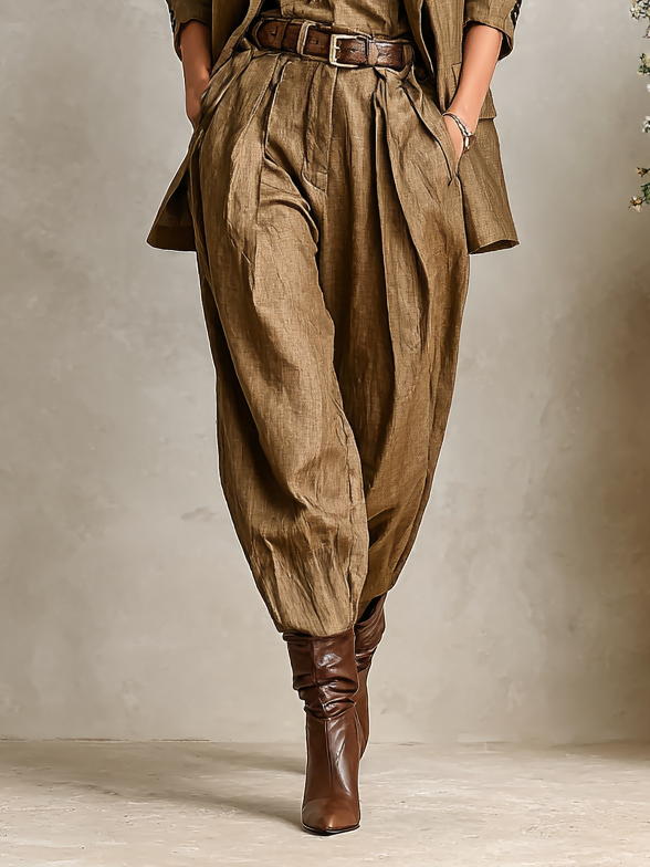 Women's Cotton-Linen Blend Double-Breasted Blazer Trousers Set MDA1250H5Y