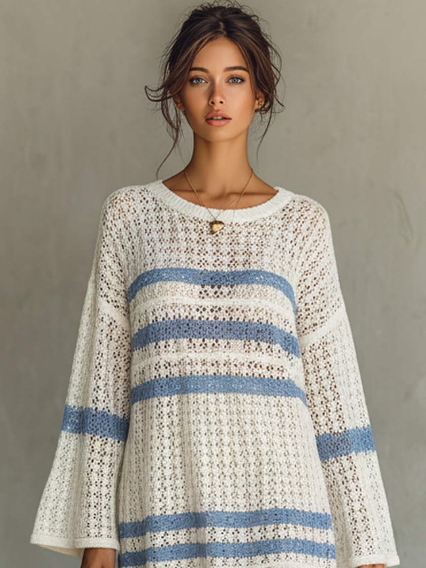 Women's Vacation Style Openwork Knit Striped Mini Dress MDA1806L6Y