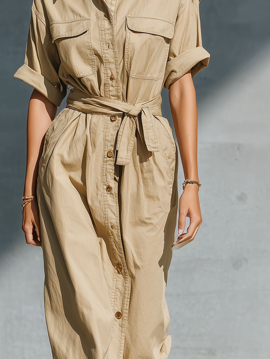 Women's Fashionable And Elegant Khaki Shirt Collar Long-sleeved Cardigan Midi Dress With Pockets At The Chest And A Belt At The Waist MDA1759K5AN