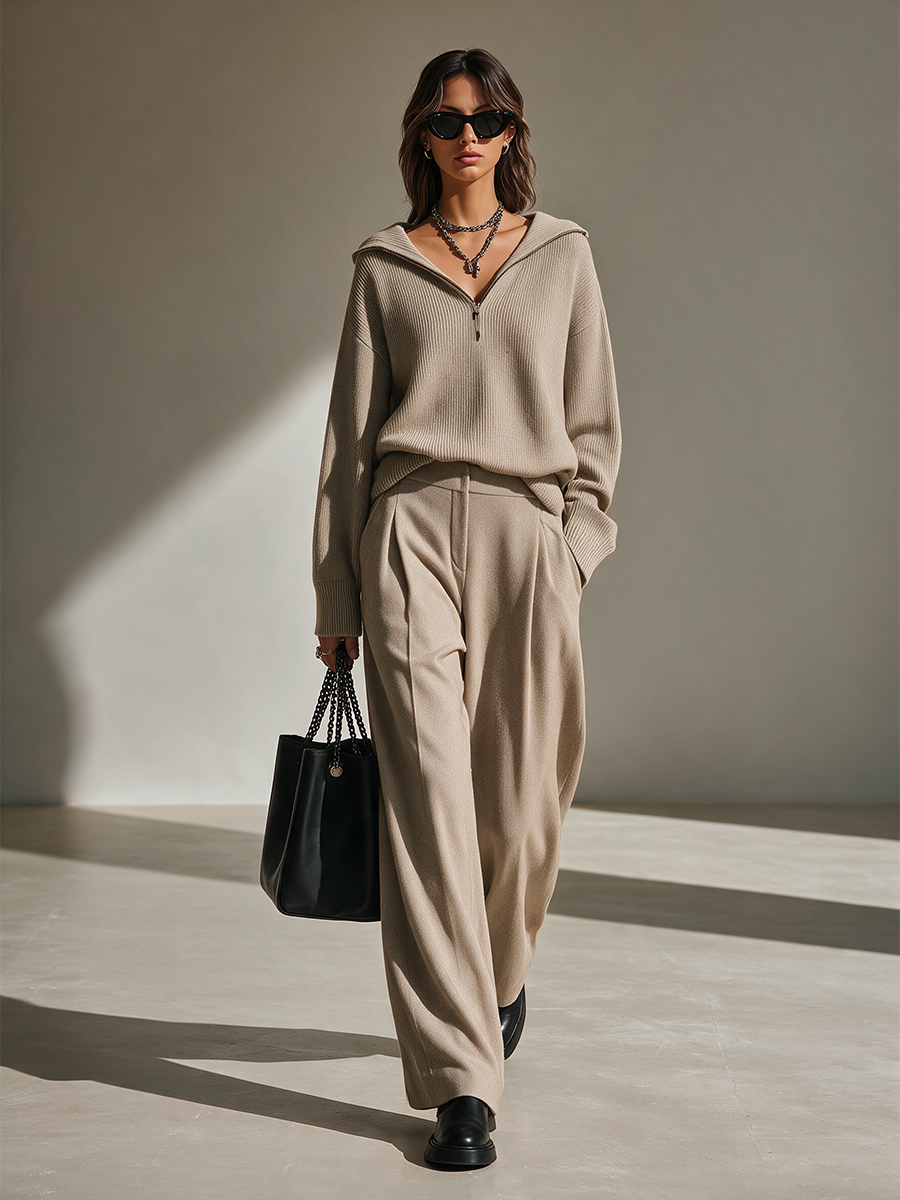 Women's Hooded Collar Knit Top And Wide-Leg Pants Set MDZ2576H6CMX