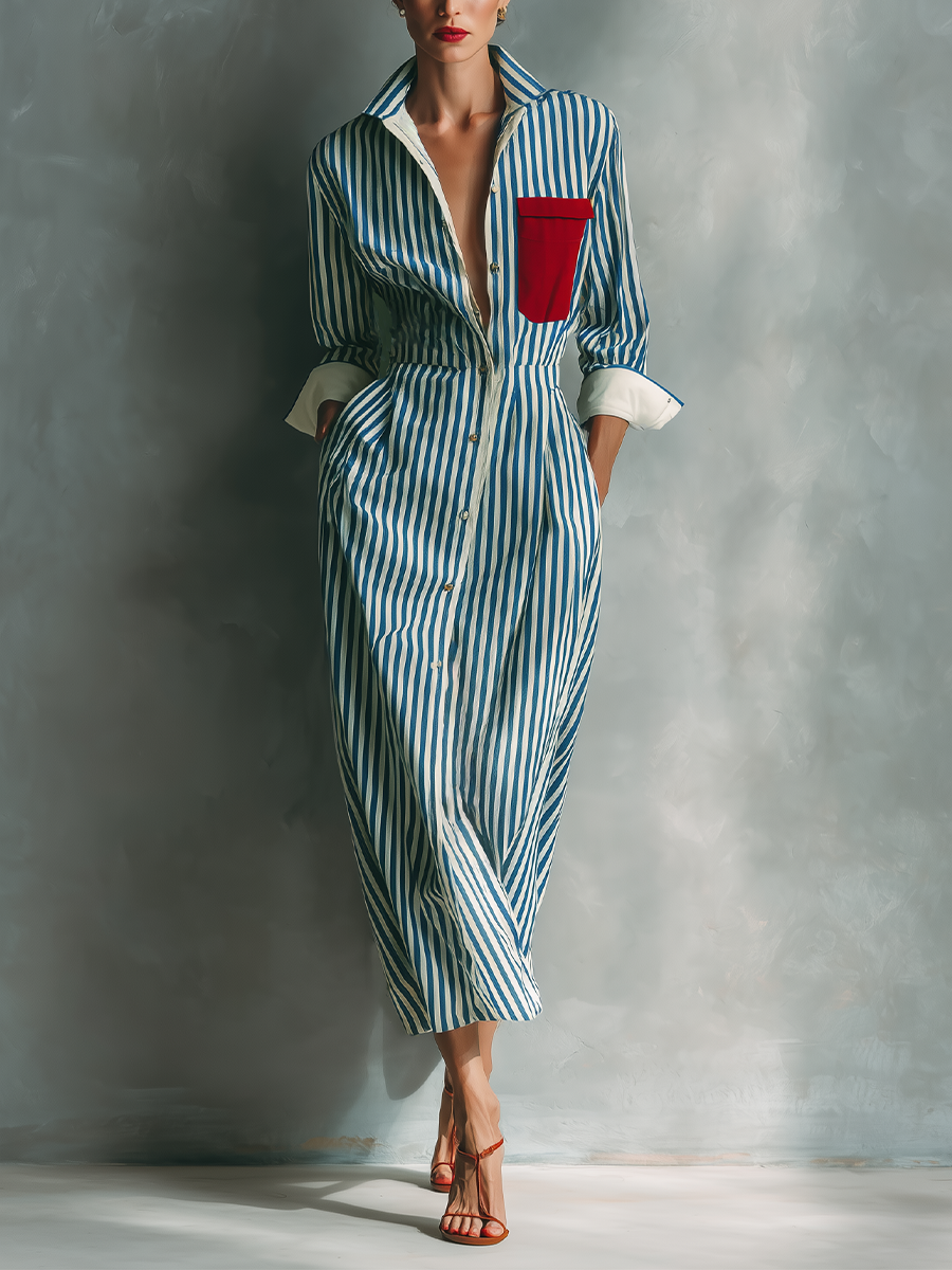 Women's Blue And White Cotton Blend Striped Shirt Dress With Red Chest –  Modesees