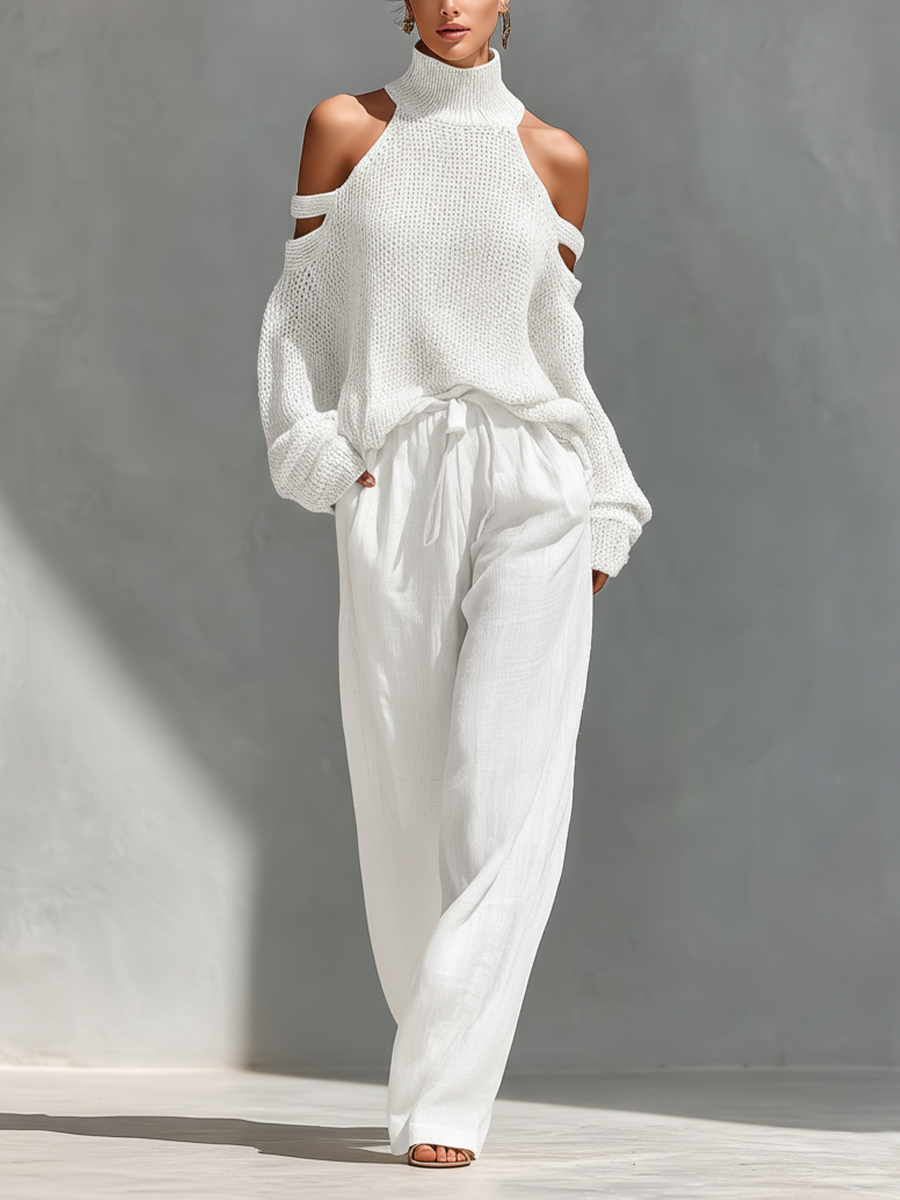 Women's Beige Knit Fabric Cold-Shoulder Turtleneck Top & Wide-Leg Pants Set MDZ0984A5T