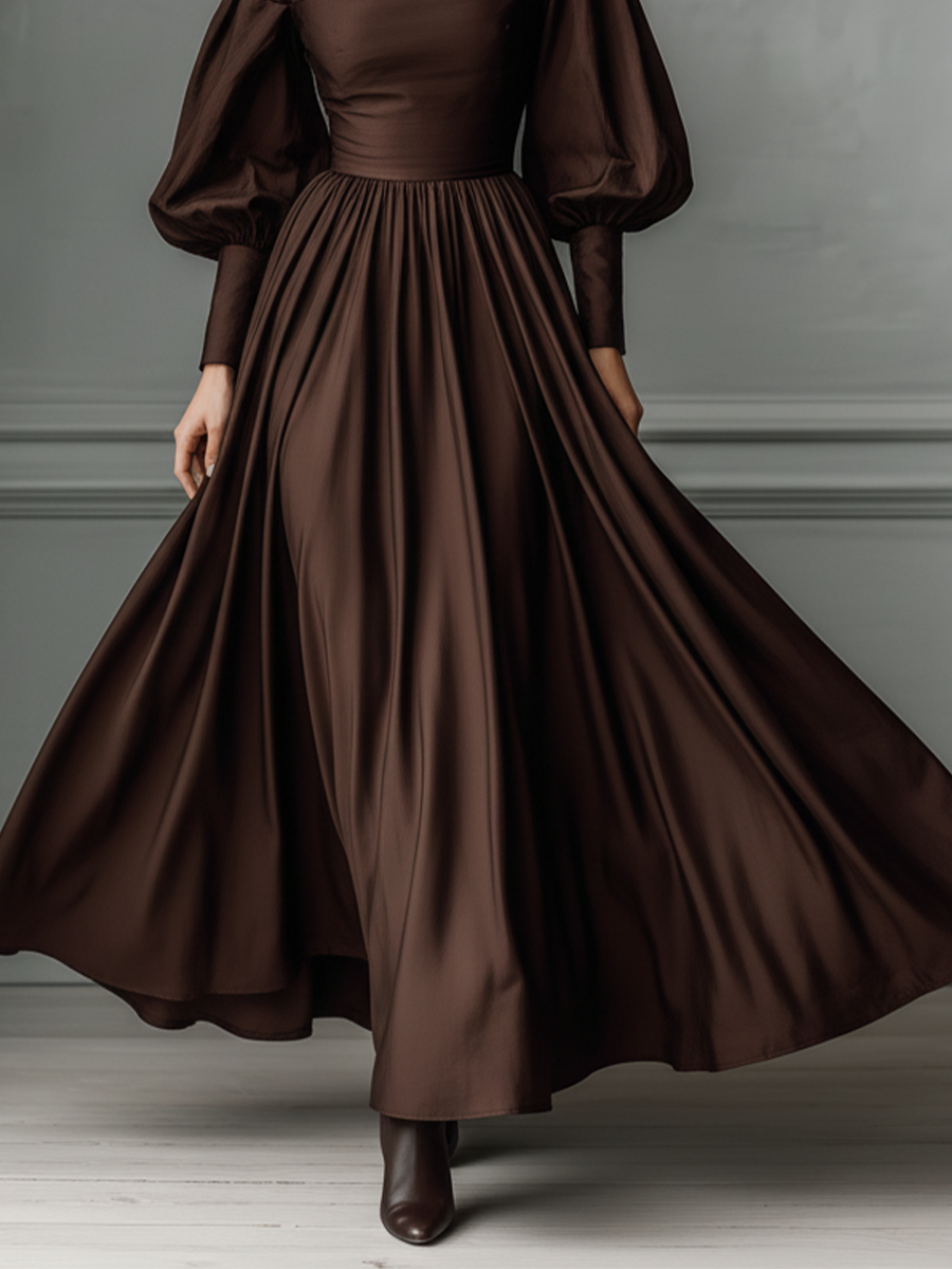 Women's Dark Brown Satin Off-shoulder Puff Sleeve Long Dress MDA2034K5T