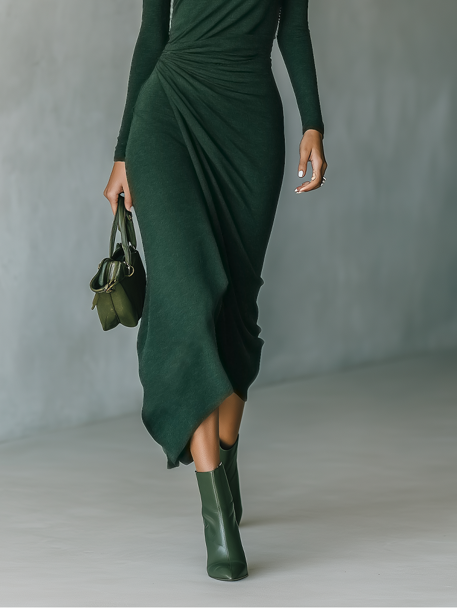 Women's Dark Green High-elastic Knitted High-neck Wrap Dress Midi Dress MDA2023J2T