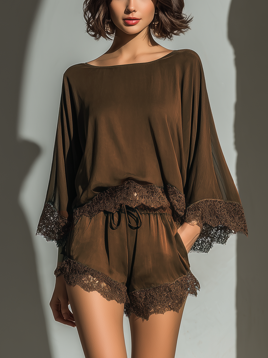 Women's Chocolate Brown Satin Boat Neck Top & Shorts Two-Piece Set With Lace Trim MDZ3151A2T